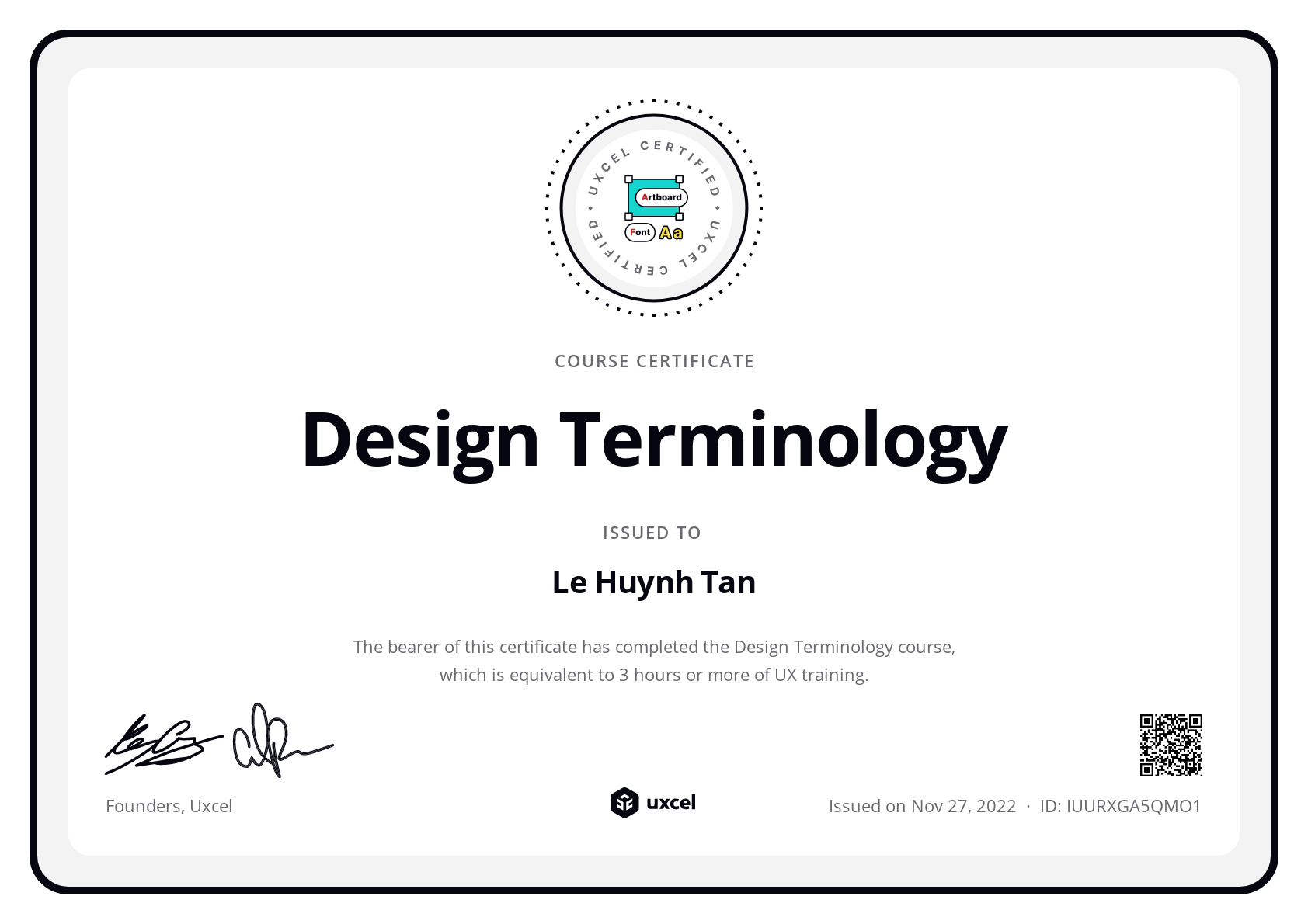 Le Huynh Tan's certificate